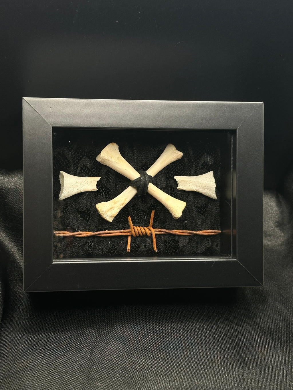 Crossed Bone & Barbed Wire Shadow Box | Handmade Gothic Bone Art