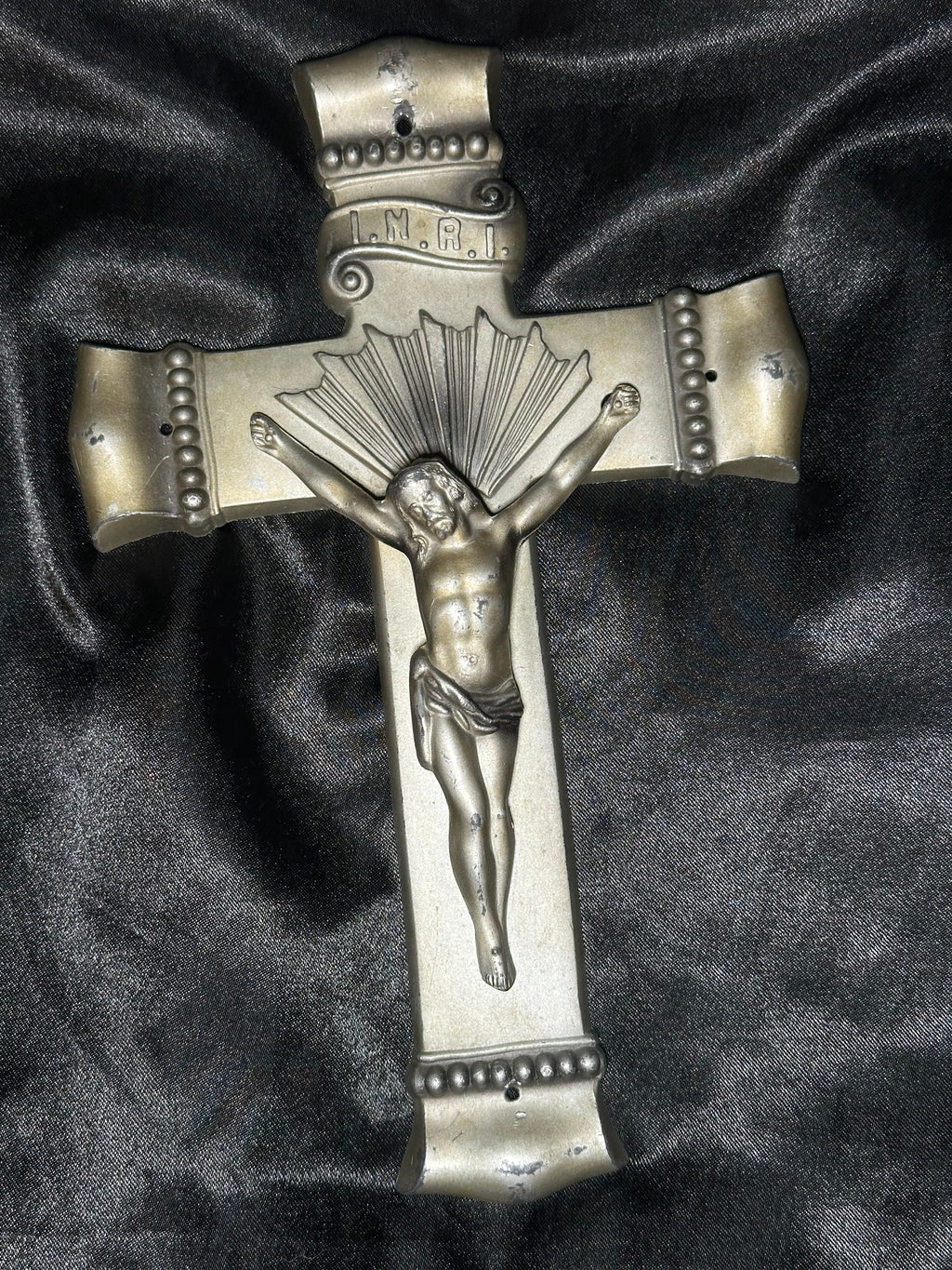 Antique Casket Crucifix | Vintage Cast Metal INRI Coffin Cross | Catholic Funeral Relic