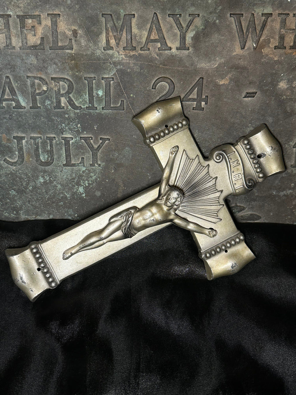 Antique Casket Crucifix | Vintage Cast Metal INRI Coffin Cross | Catholic Funeral Relic