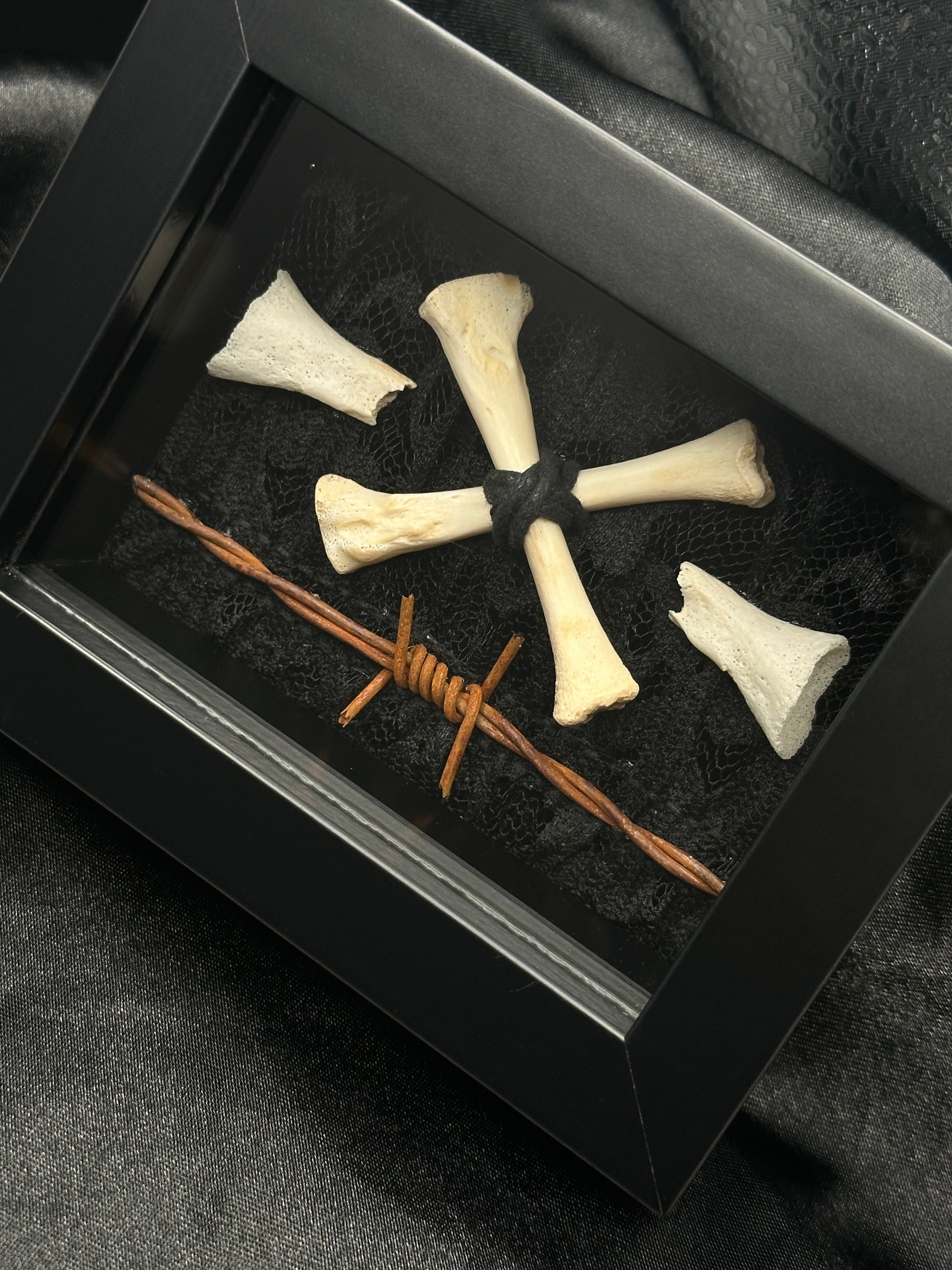 Crossed Bone & Barbed Wire Shadow Box | Handmade Gothic Bone Art