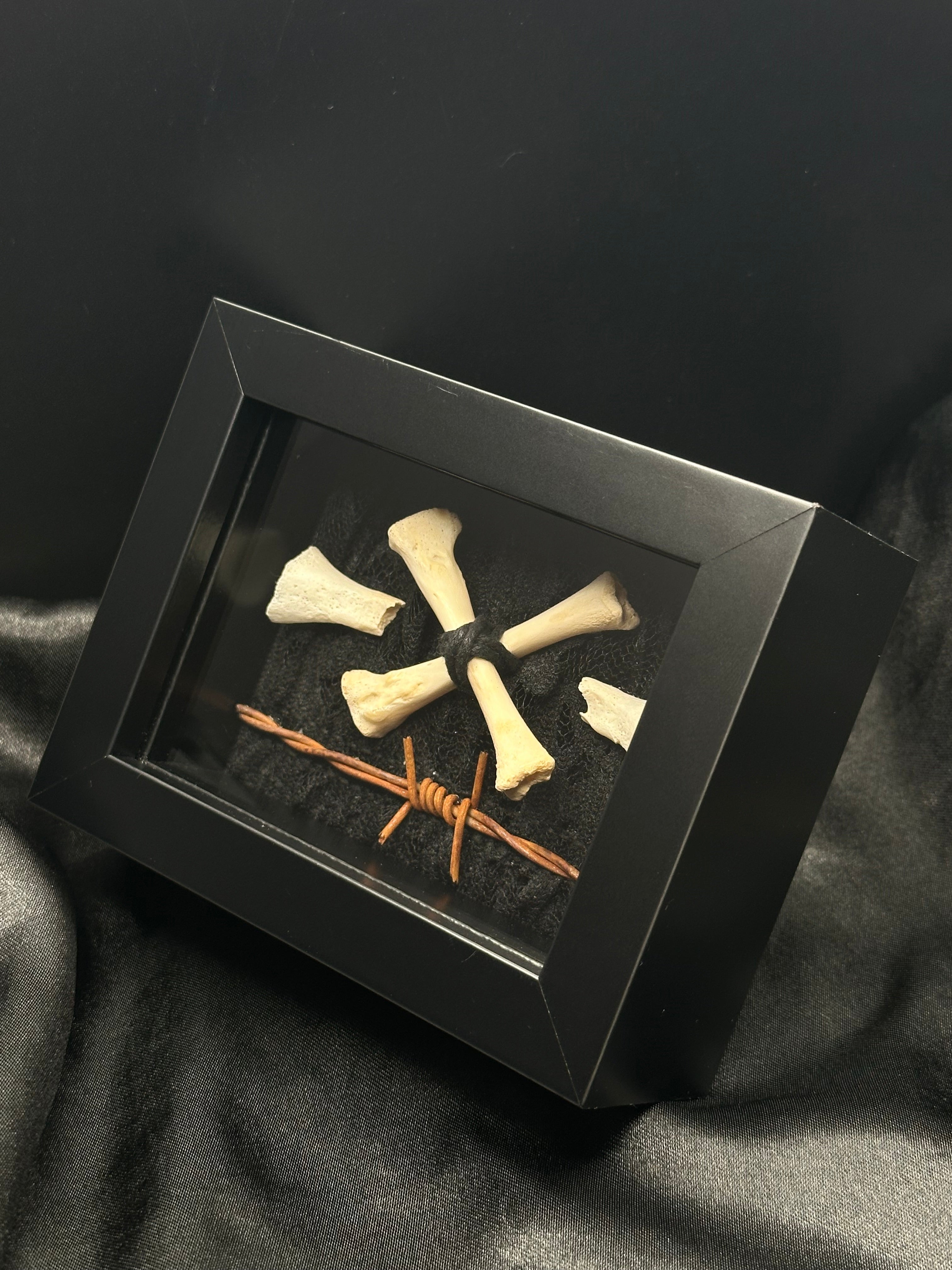 Crossed Bone & Barbed Wire Shadow Box | Handmade Gothic Bone Art