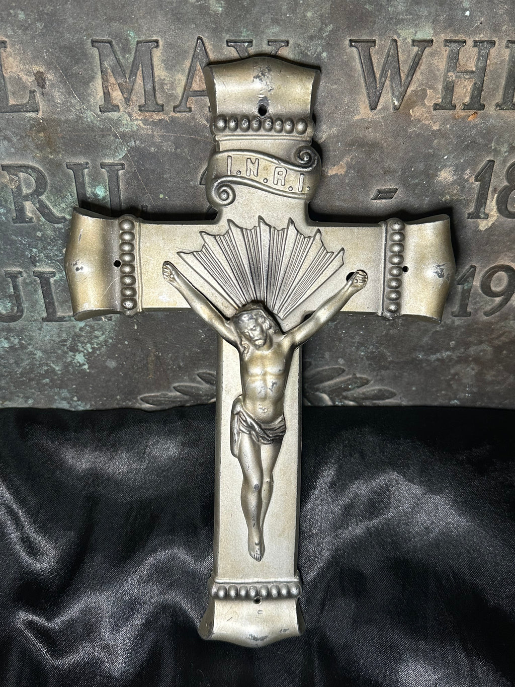 Antique Casket Crucifix | Vintage Cast Metal INRI Coffin Cross | Catholic Funeral Relic