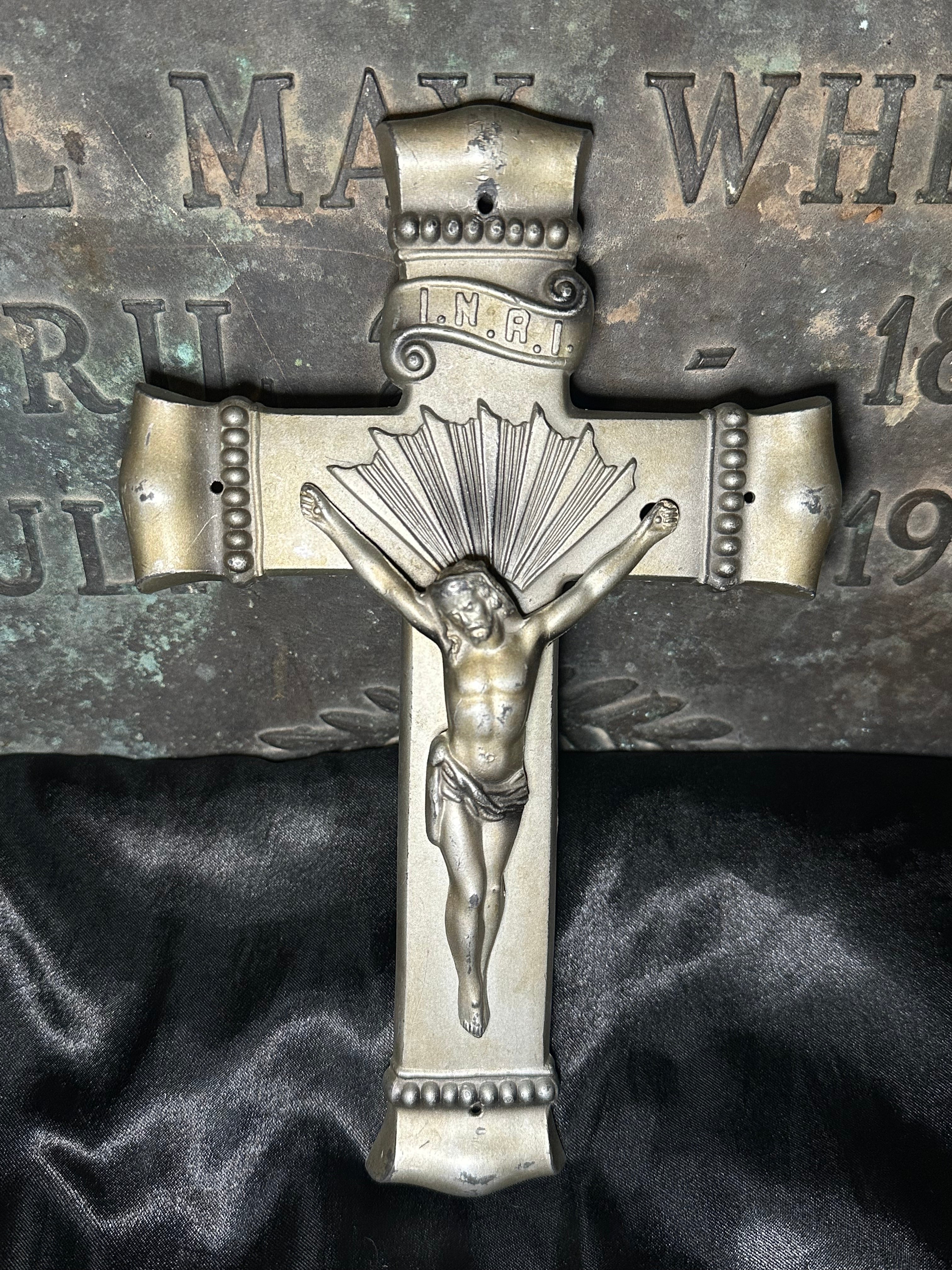 Antique Casket Crucifix | Vintage Cast Metal INRI Coffin Cross | Catholic Funeral Relic