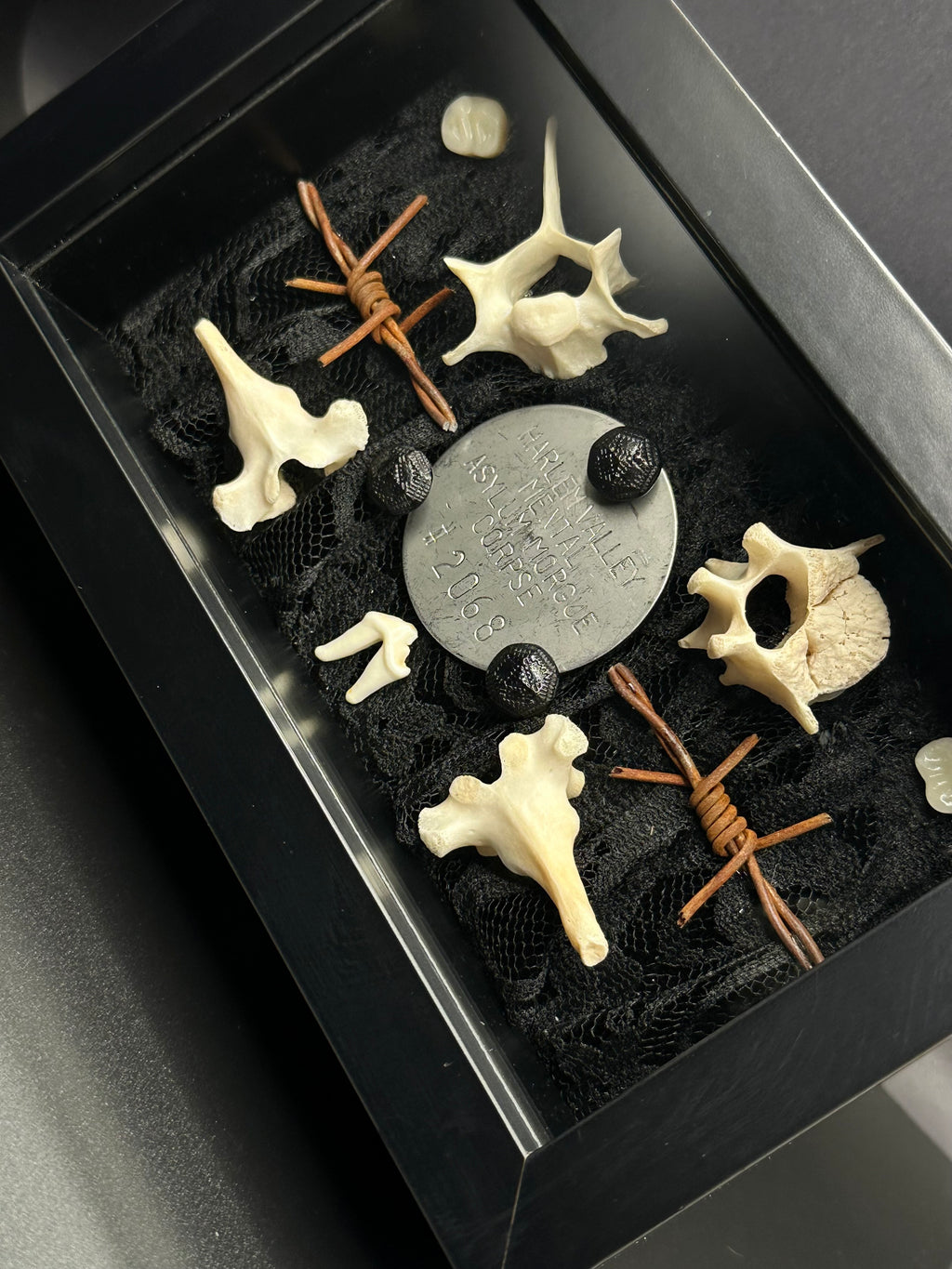 Authentic Asylum Crematory Tag Shadow Box | Handmade Macabre Art | Psychiatric Hospital Artifact