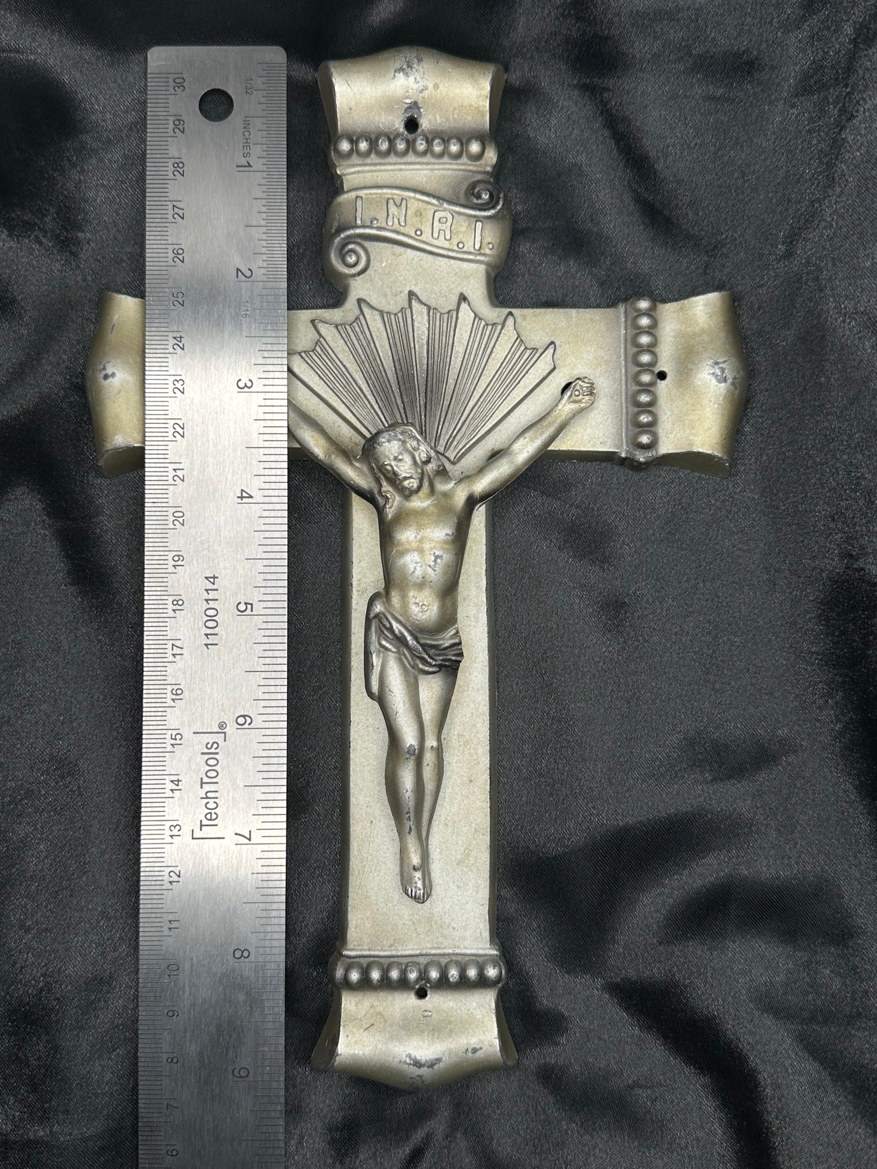 Antique Casket Crucifix | Vintage Cast Metal INRI Coffin Cross | Catholic Funeral Relic