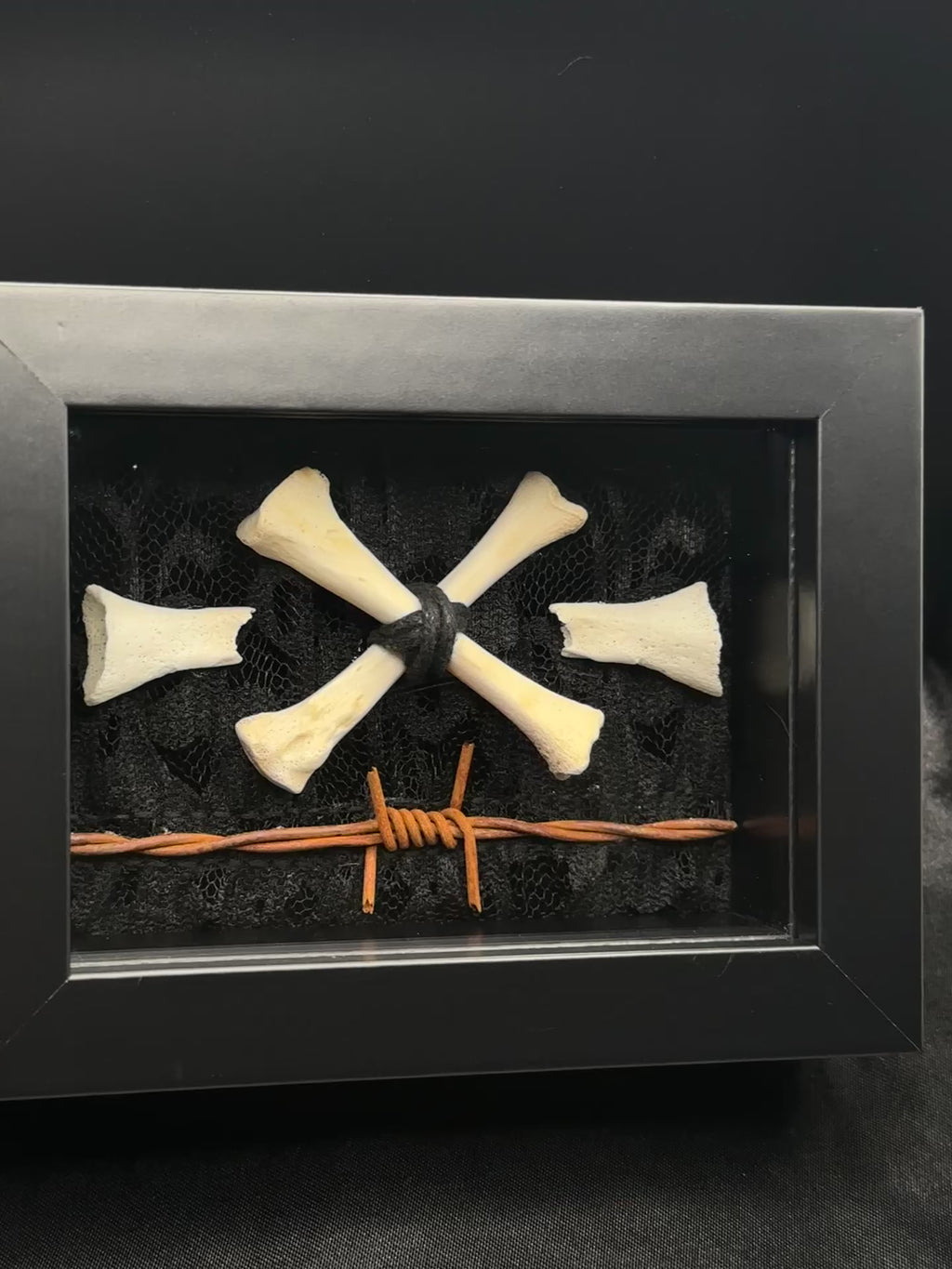 Crossed Bone & Barbed Wire Shadow Box | Handmade Gothic Bone Art