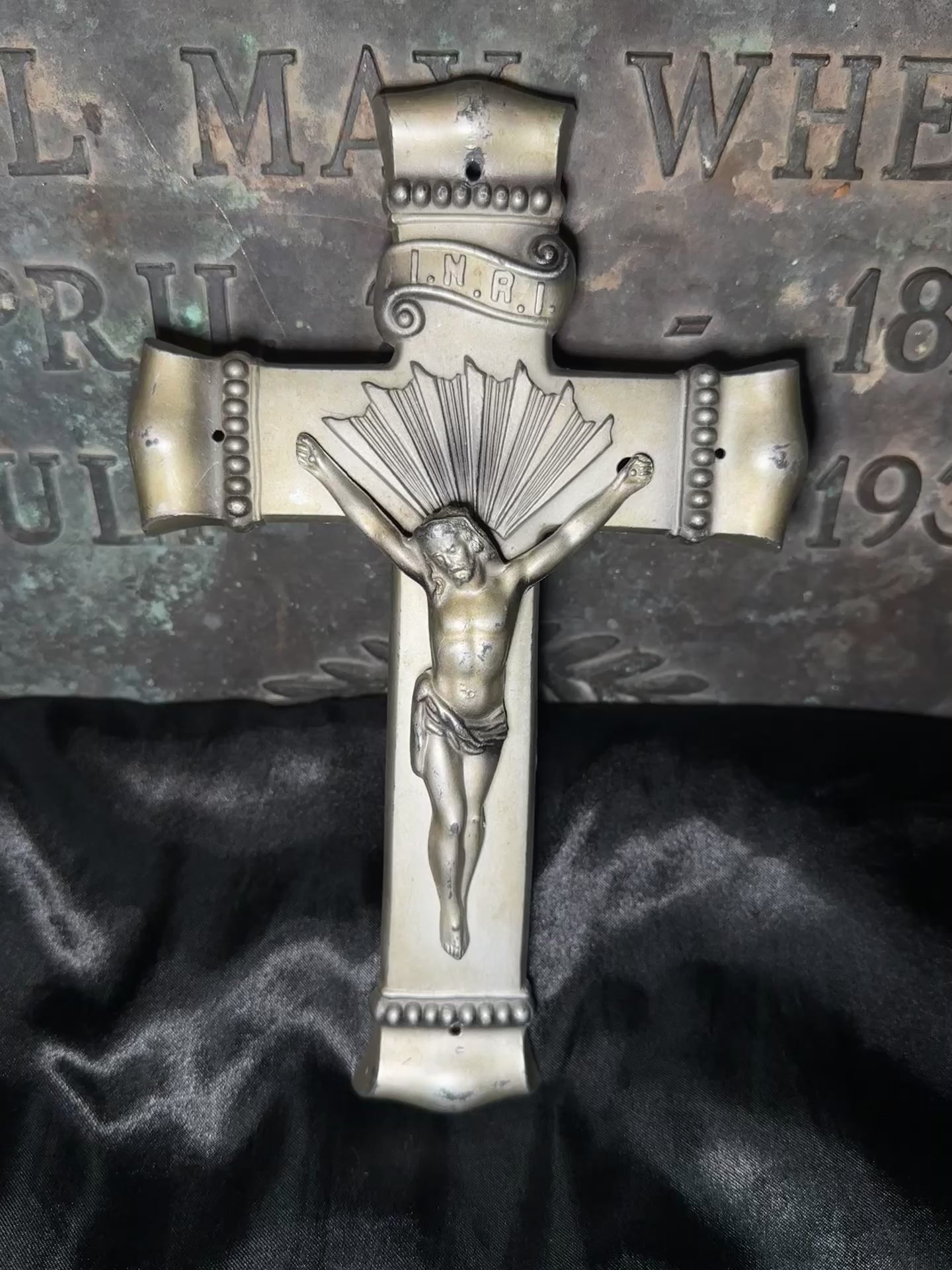 Antique Casket Crucifix | Vintage Cast Metal INRI Coffin Cross | Catholic Funeral Relic